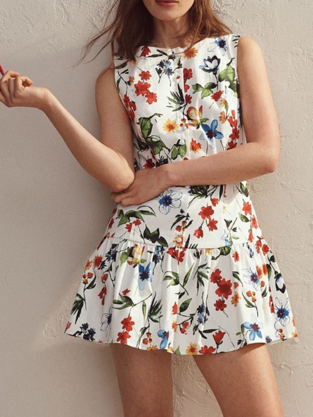 Anthropologie White Floral Button-Front Mini Dress with Red & Blue Blooms